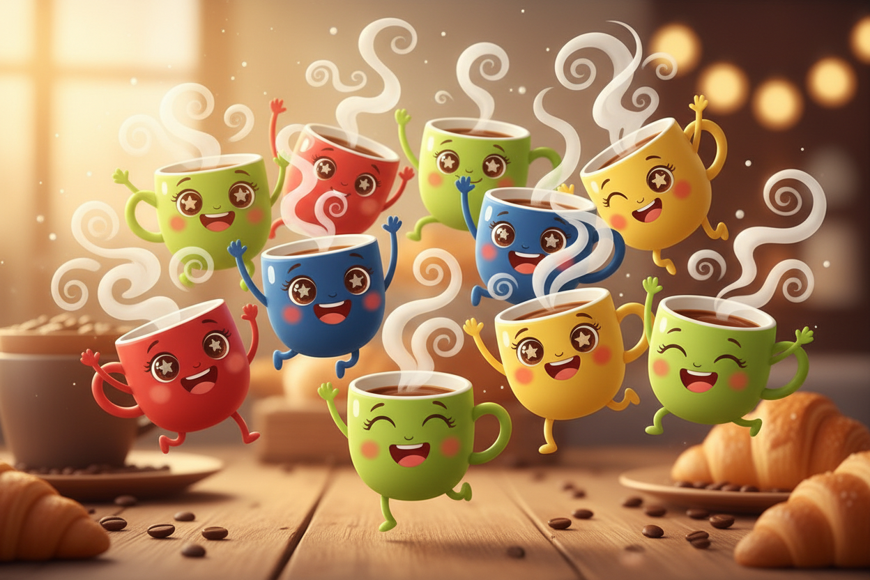 Animated coffee mugs happy and excited